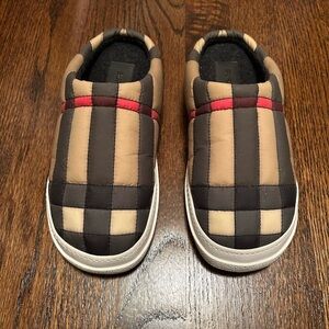 Burberry Quilted Plaid Mules in Black, Tan, and Red